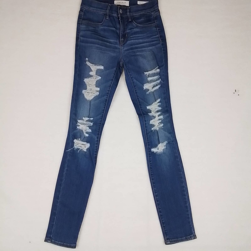 Pacsun Mid Rise Denim Jegging Size 25 w/ Distressed Dark‎ Wash Denim